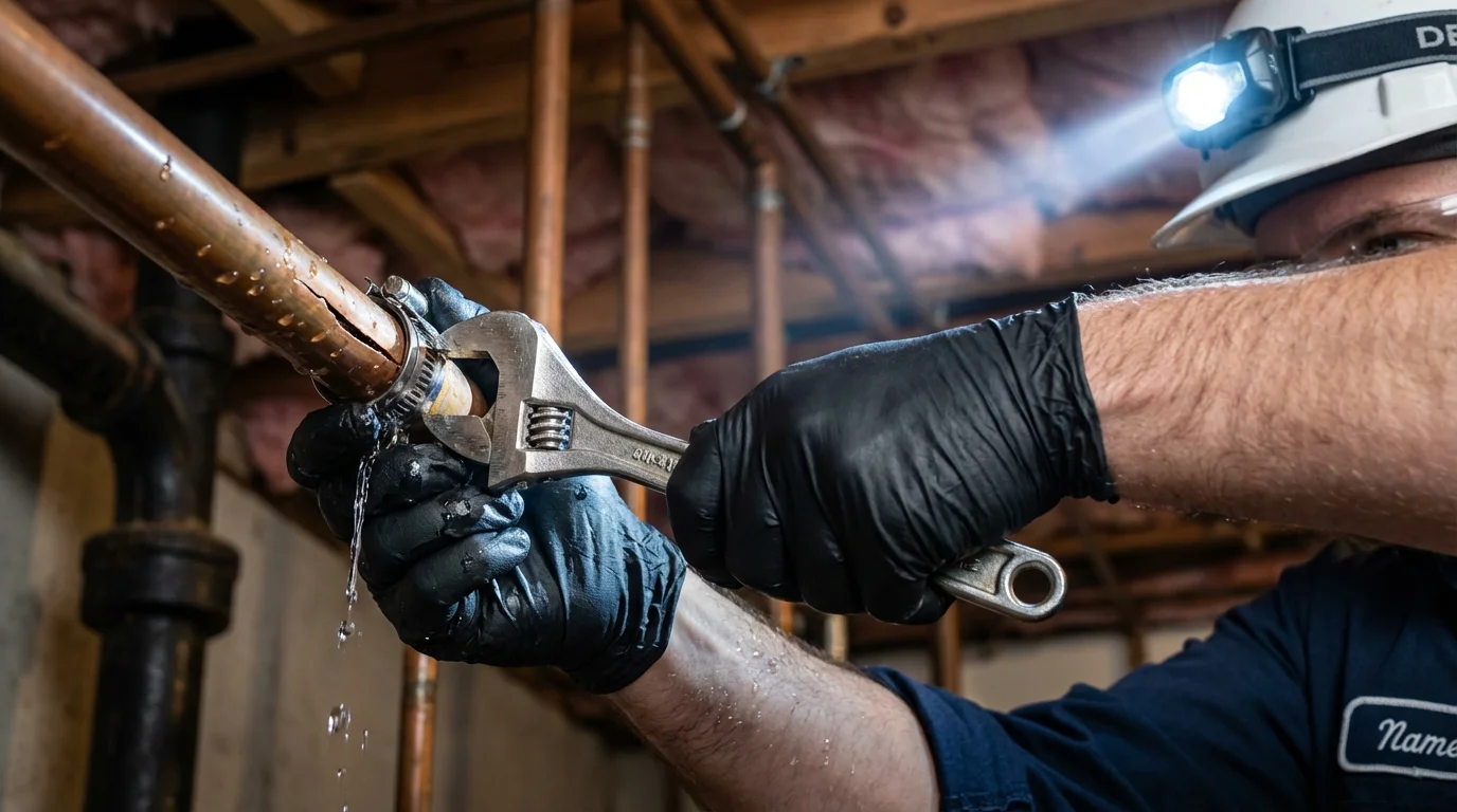 Emergency pipe clamp repair being performed by a Johns Plumbing LLC plumber in Port Saint Joe