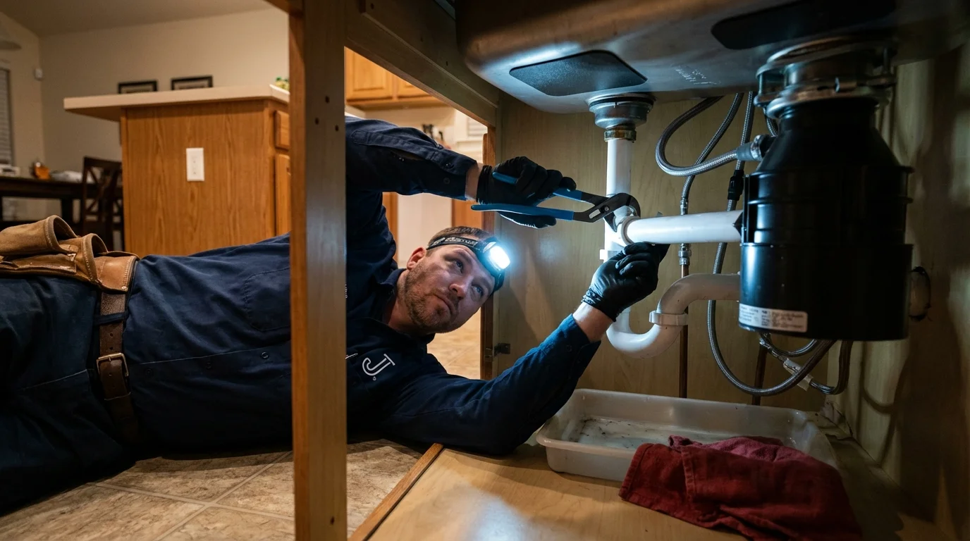 P-trap and supply line connections under a kitchen sink showing a common leak point in Port Saint Joe, FL